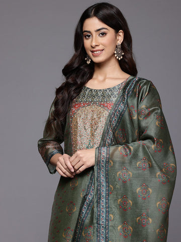 Varanga Women Olive Floral Printed Sequin Embellished  Straight Kurta Paired With Bottom  And Dupatta